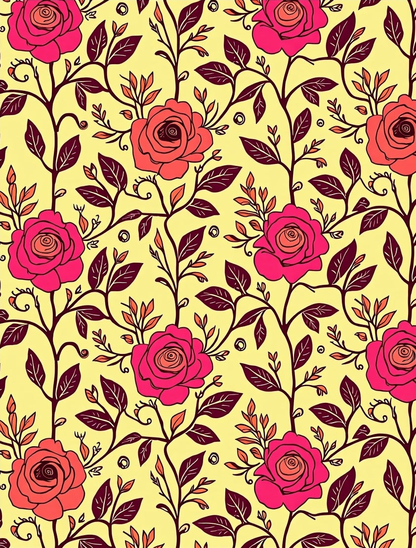 Vibrant Pink Roses Yellow Floral Vine Rug