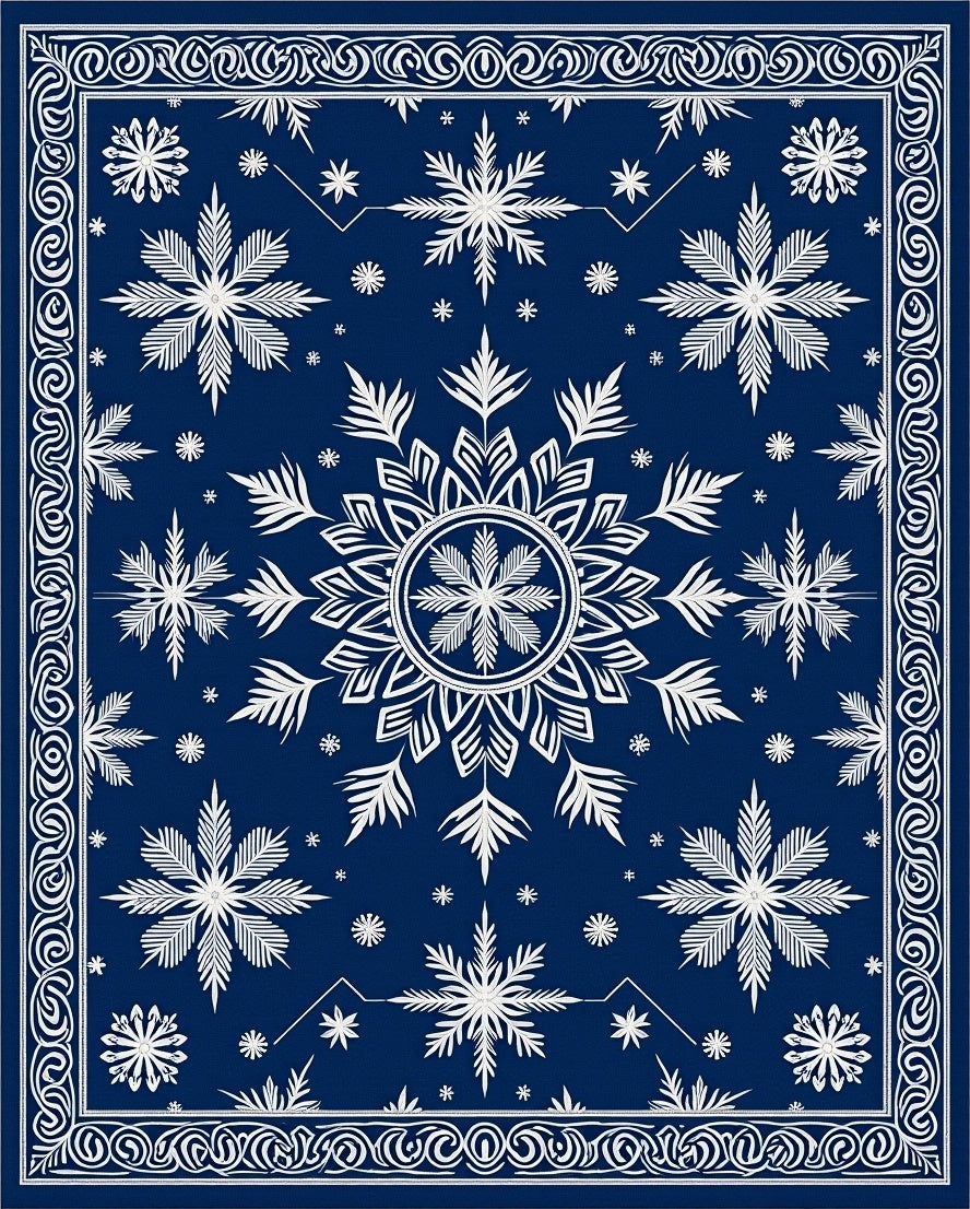 Deep Blue White Snowflake Mandala Rug