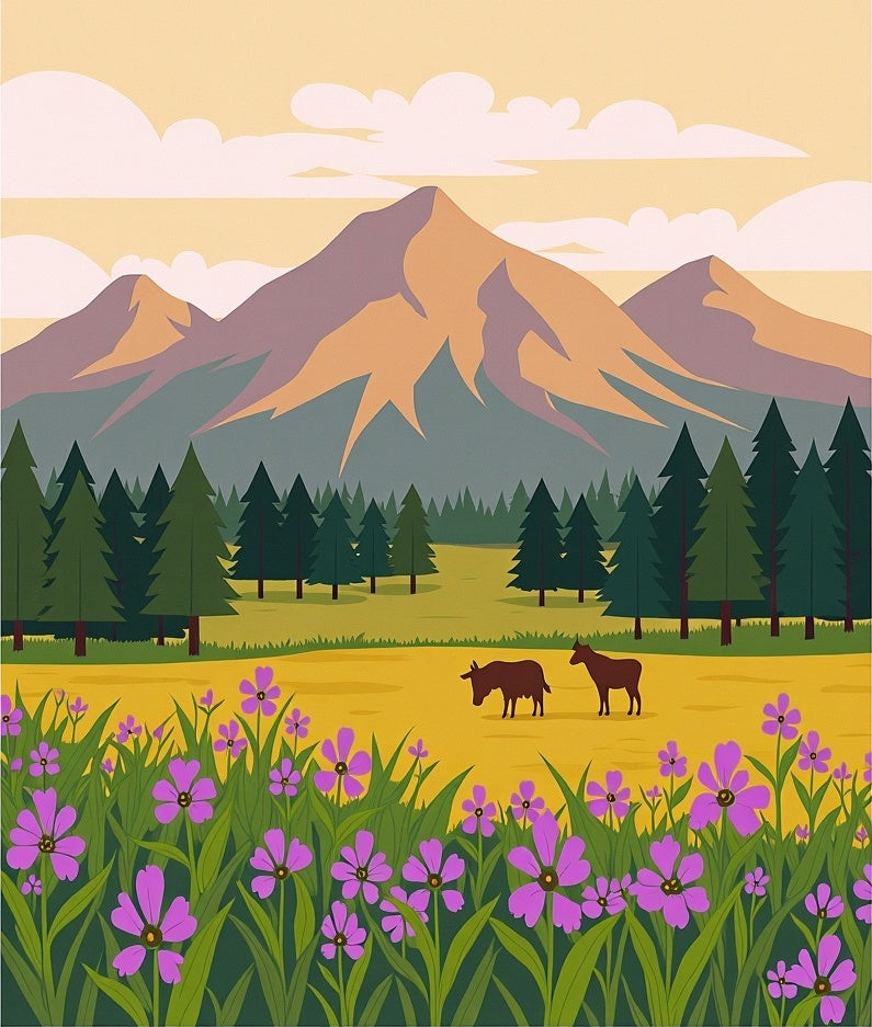 Purple Wildflower Meadow Mountain Scene Rug