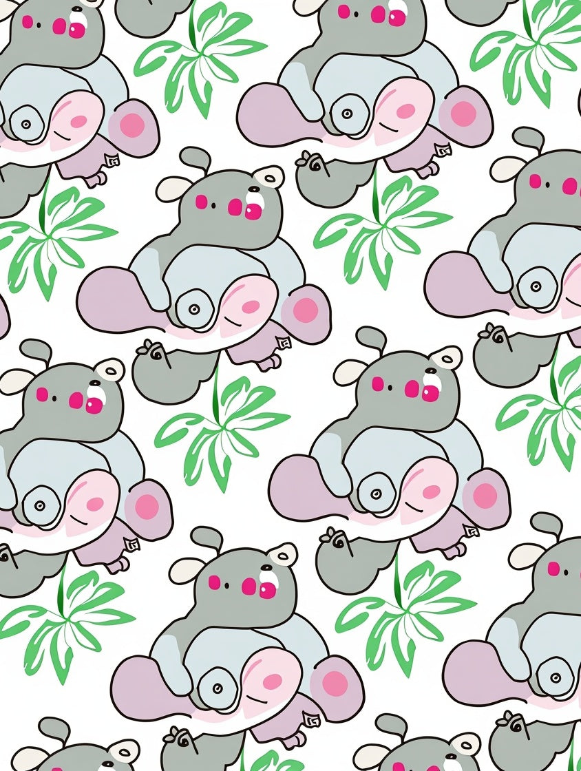 Cute Gray Hippo Tropical Leaves Rug