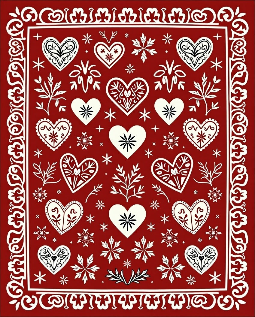 Crimson White Heart Folk Art Rug