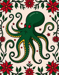 Green Octopus Red Floral Border Rug