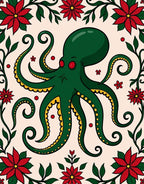 Green Octopus Red Floral Border Rug