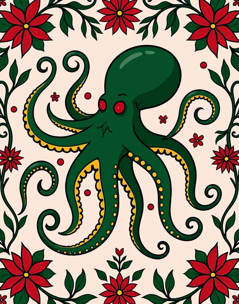 Green Octopus Red Floral Border Rug
