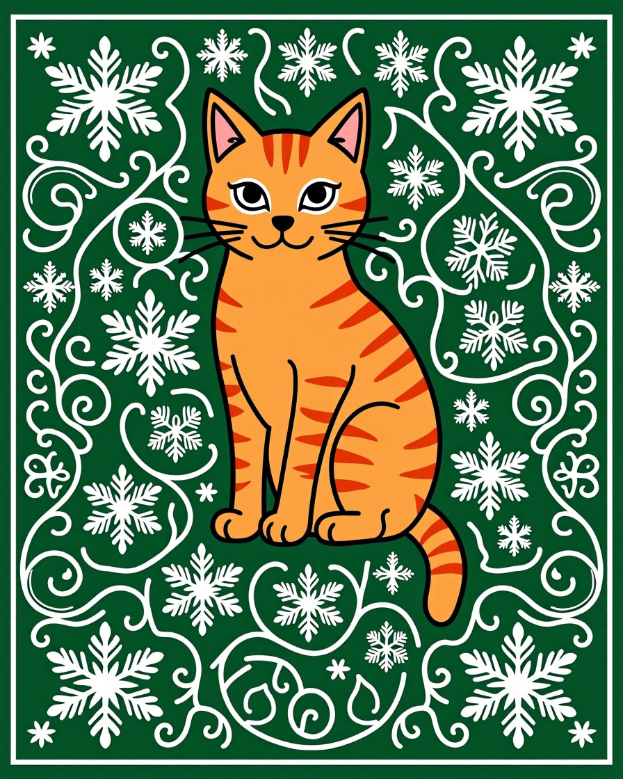 Orange Cat Snowflakes Green Swirls Rug