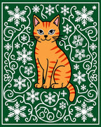 Orange Cat Snowflakes Green Swirls Rug