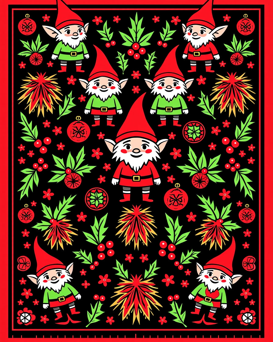 Festive Red Black Gnome Holly Sprigs Rug