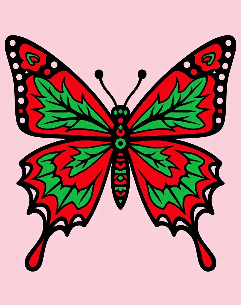 Whimsical Red Green Butterfly Garden Rug