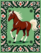 Brown Horse in Green Floral Frame Rug