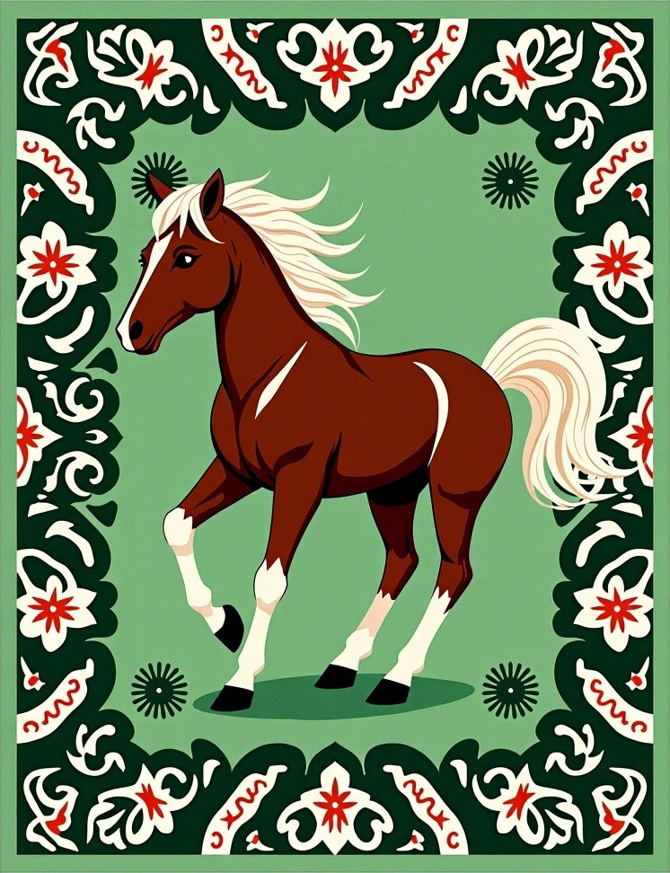 Brown Horse in Green Floral Frame Rug