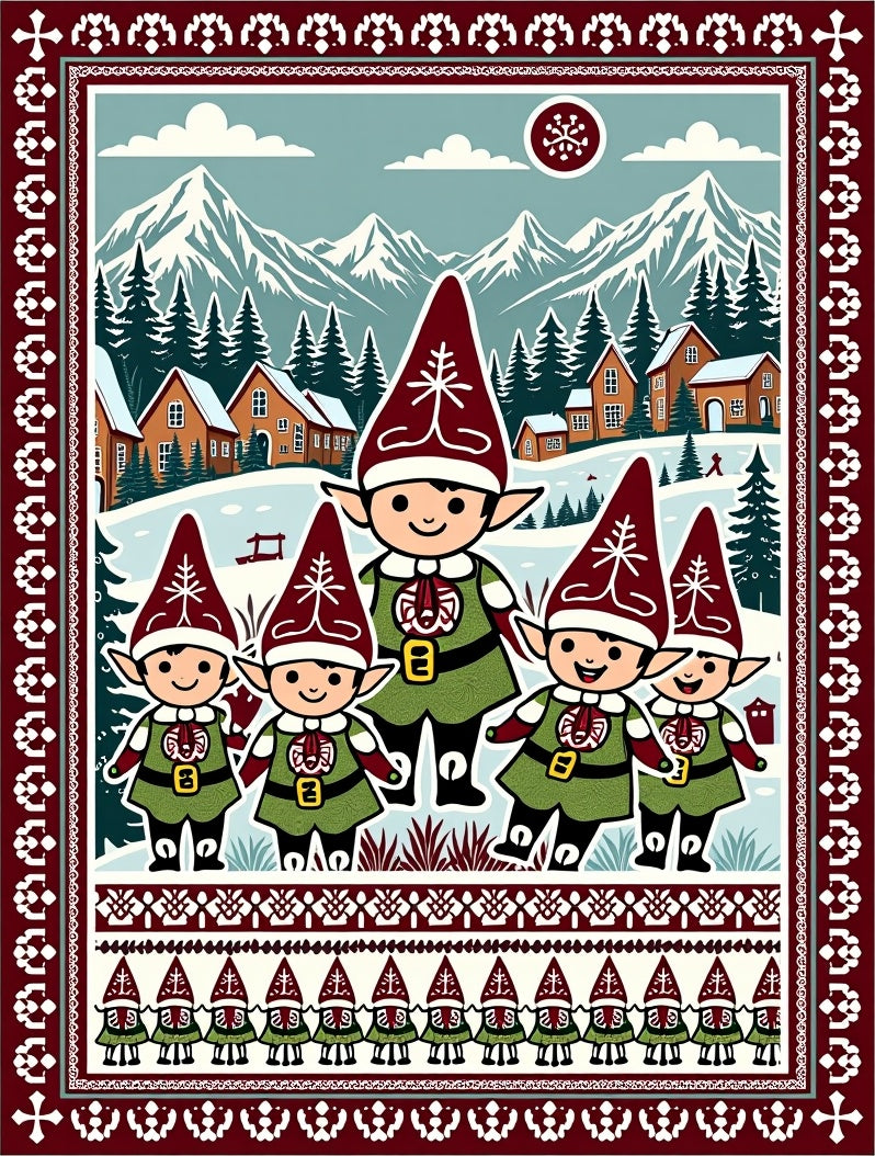 Whimsical Elven Village Mountain Scene Rug