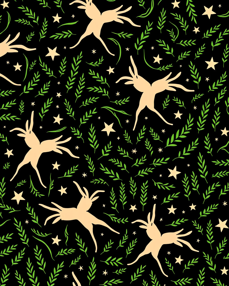 Playful Deer Green Foliage Starry Night Rug