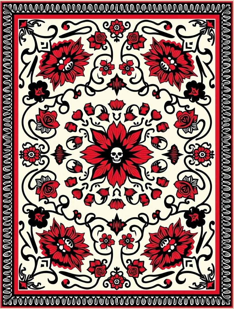 Red Floral Skull Medallion Cream Rug