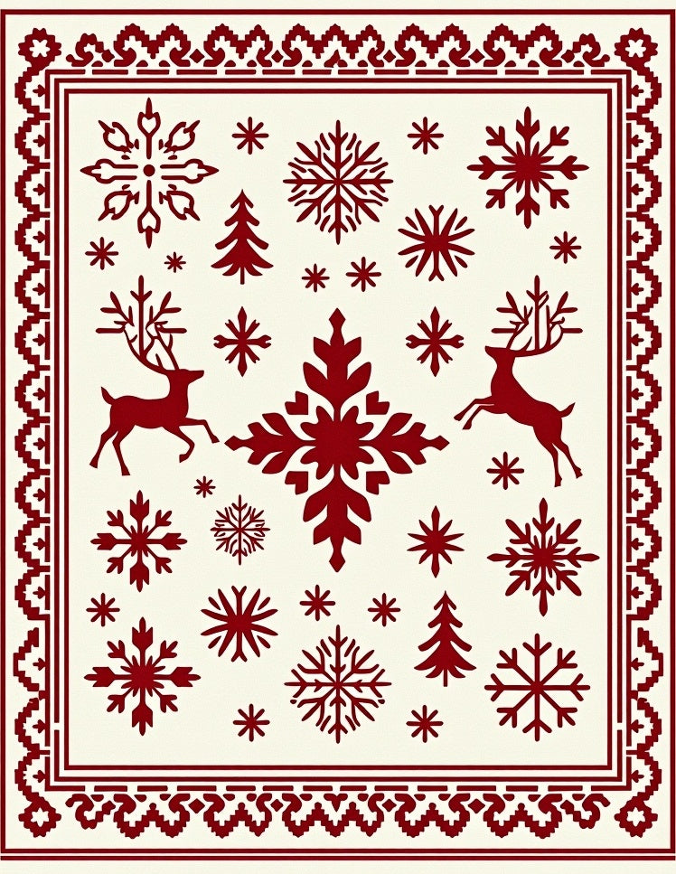Deep Red Snowflake Deer Border Rug