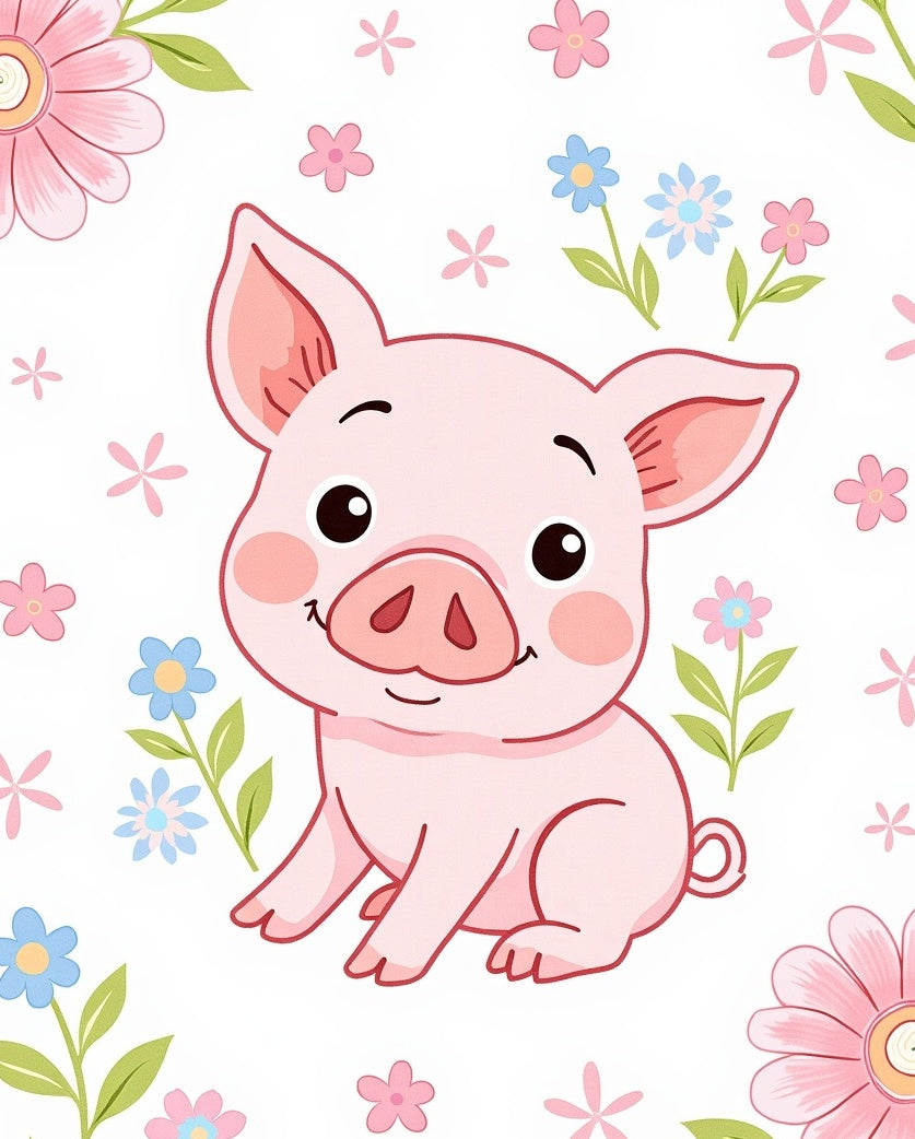 Whimsical Pink Piglet Floral Meadow Rug