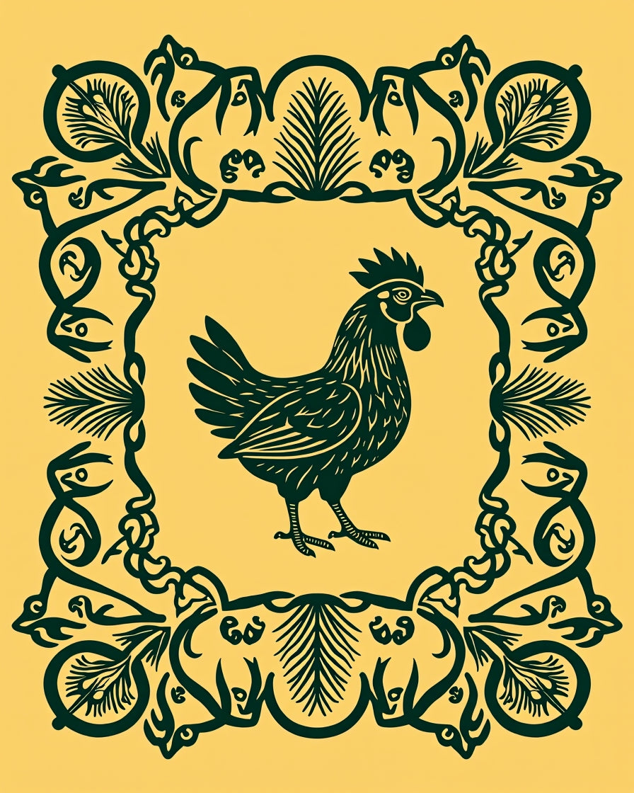 Dark Green Chicken Floral Frame Rug