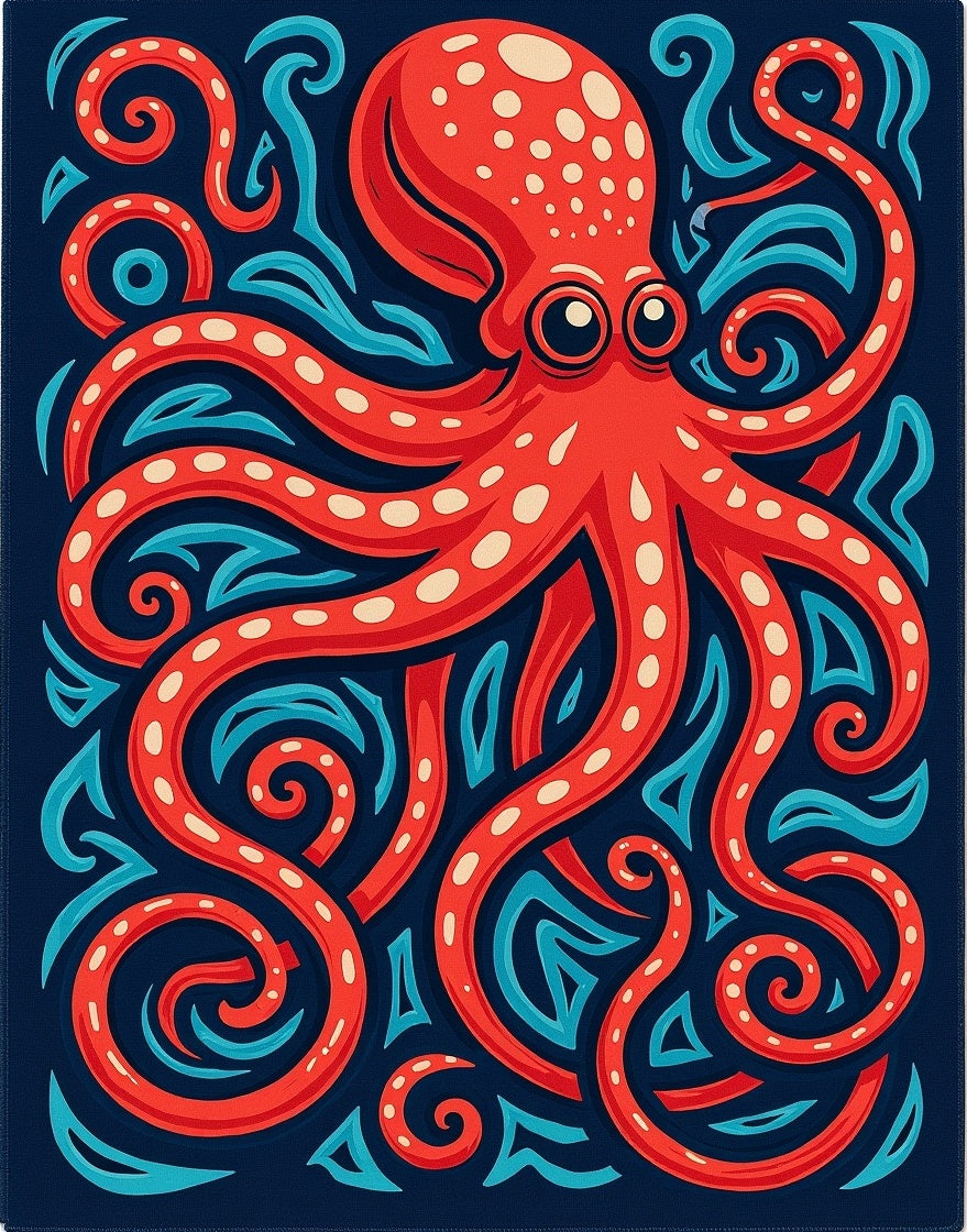 Bright Red Octopus Undersea Swirls Rug