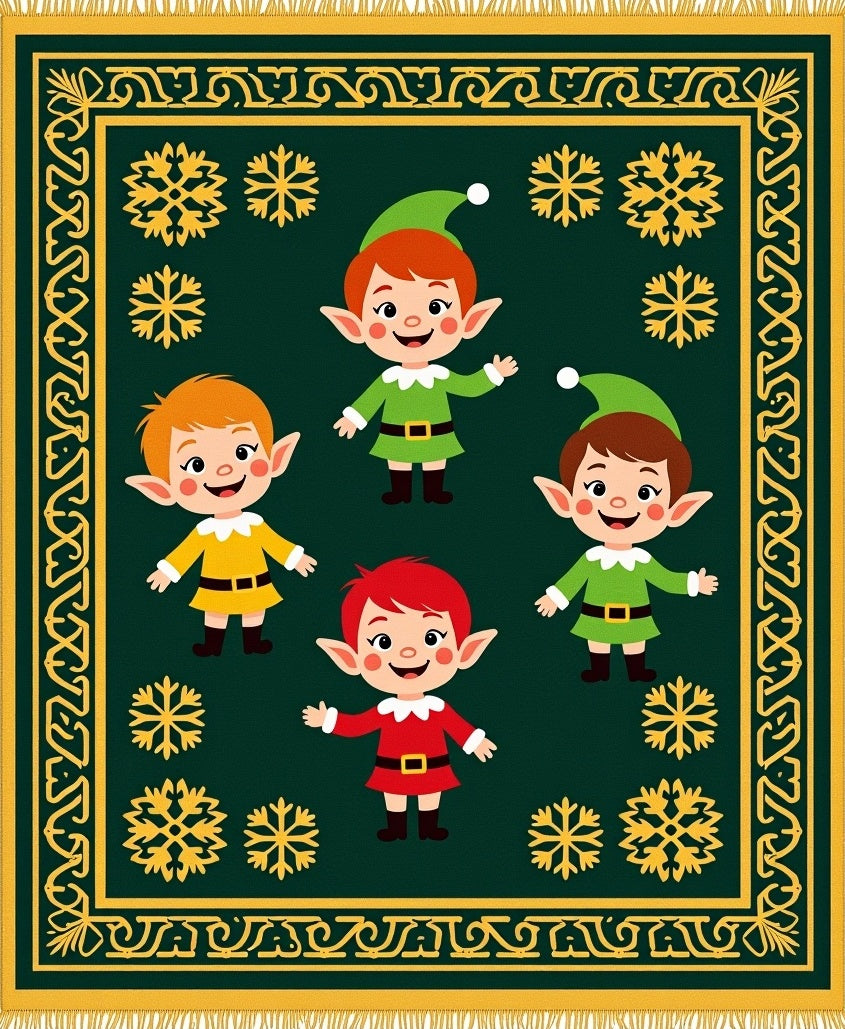 Festive Green Elves Snowflake Border Rug