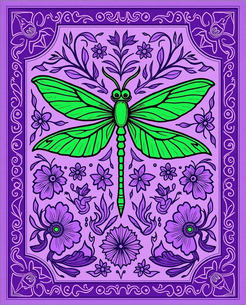 Vibrant Green Dragonfly Purple Floral Embrace Rug