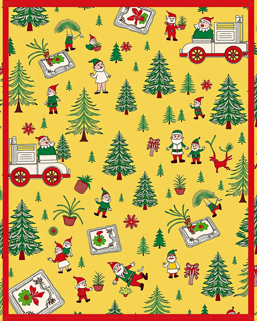 Festive Yellow Christmas Elves Forest Rug