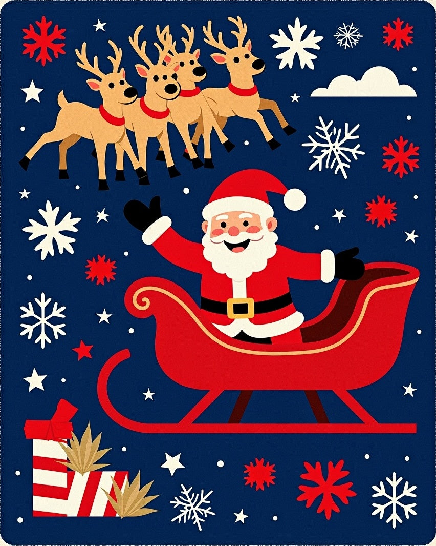 Merry Santa Sleigh Reindeer Snowflakes Rug
