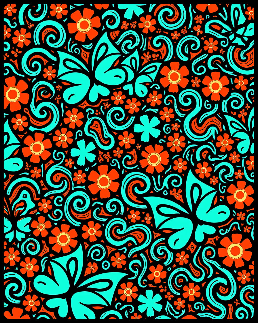Retro Aqua Orange Floral Swirls Rug