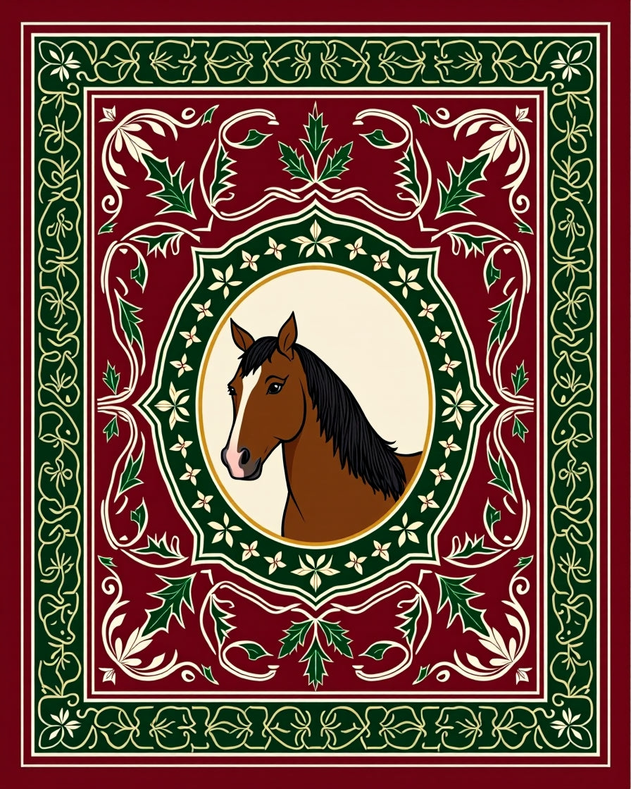 Vintage Red Horse Emblem Scrollwork Rug