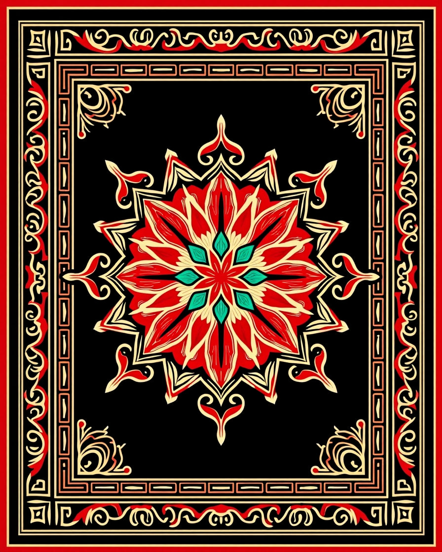 Crimson Red Floral Black Medallion Border Rug