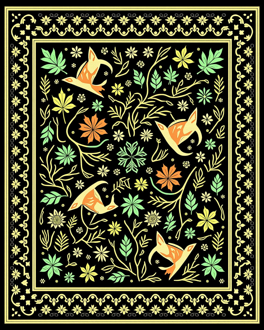 Whimsical Orange Birds Floral Forest Rug