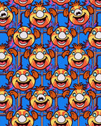 Whimsical Orange Cartoon Faces Blue Background Rug