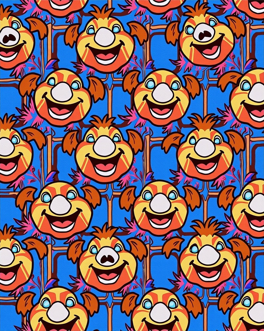 Whimsical Orange Cartoon Faces Blue Background Rug