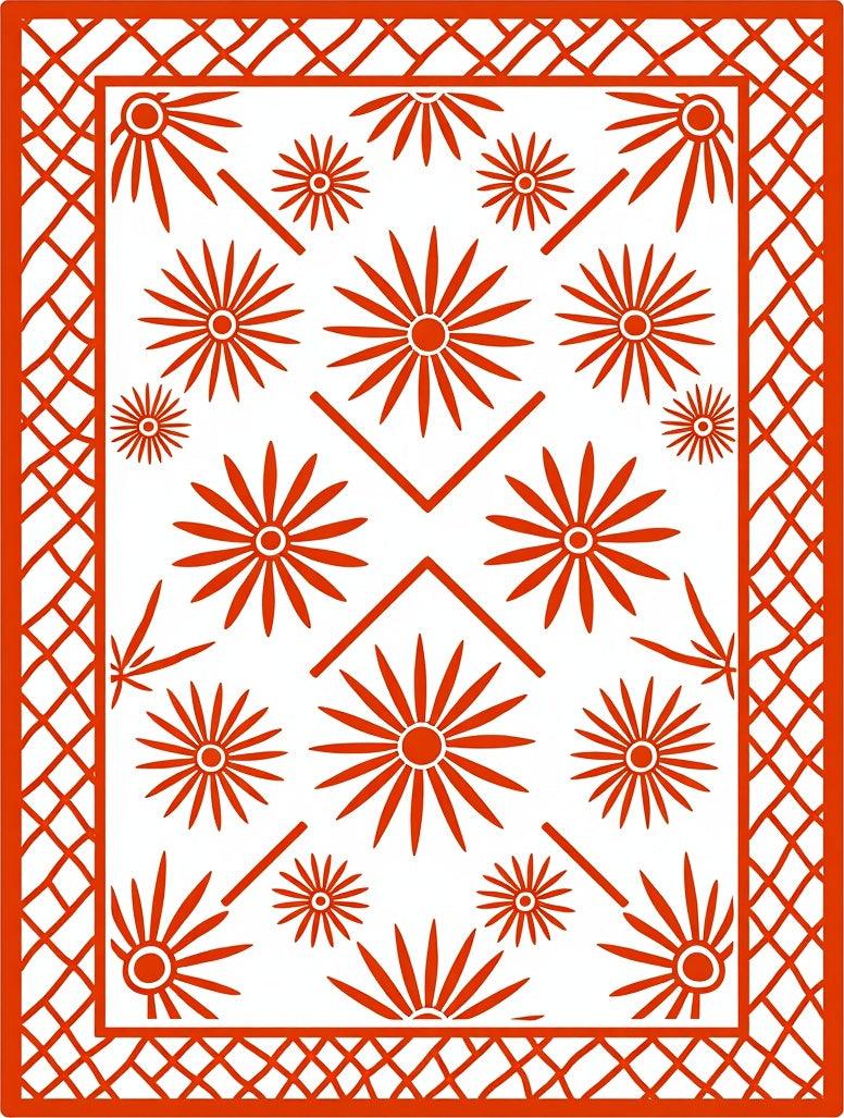 Red Sunburst Floral Diamond Border Rug