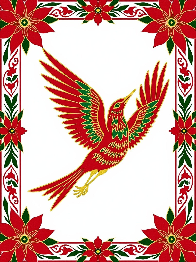 Swooping Red Bird Festive Floral Border Rug