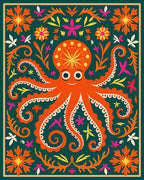 Whimsical Orange Octopus Folk Art Rug