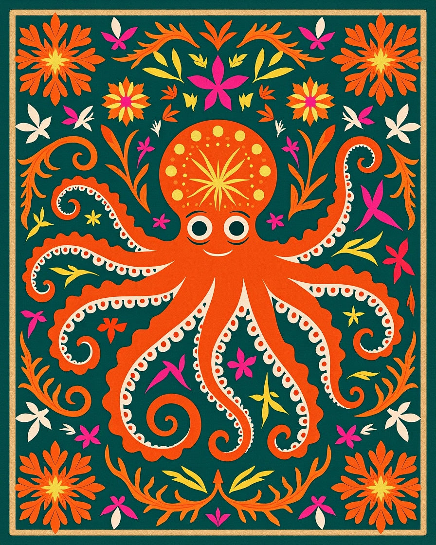 Whimsical Orange Octopus Folk Art Rug