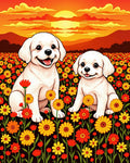 Whimsical Puppies Orange Sunset Field Rug