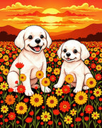 Whimsical Puppies Orange Sunset Field Rug