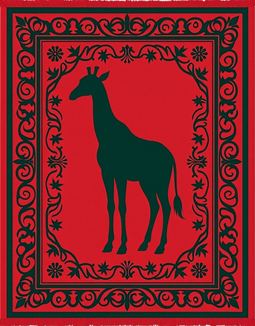 Red Giraffe Silhouette Ornate Border Rug