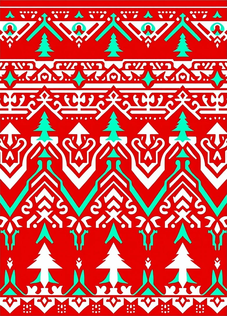 Bright Red Aqua White Festive Trees Rug