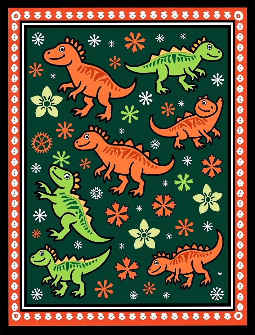 Fun Orange Green Dinosaur Flora Rug