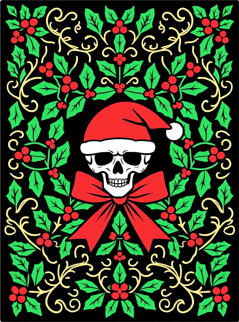 Creepy Santa Skull Festive Holly Border Rug