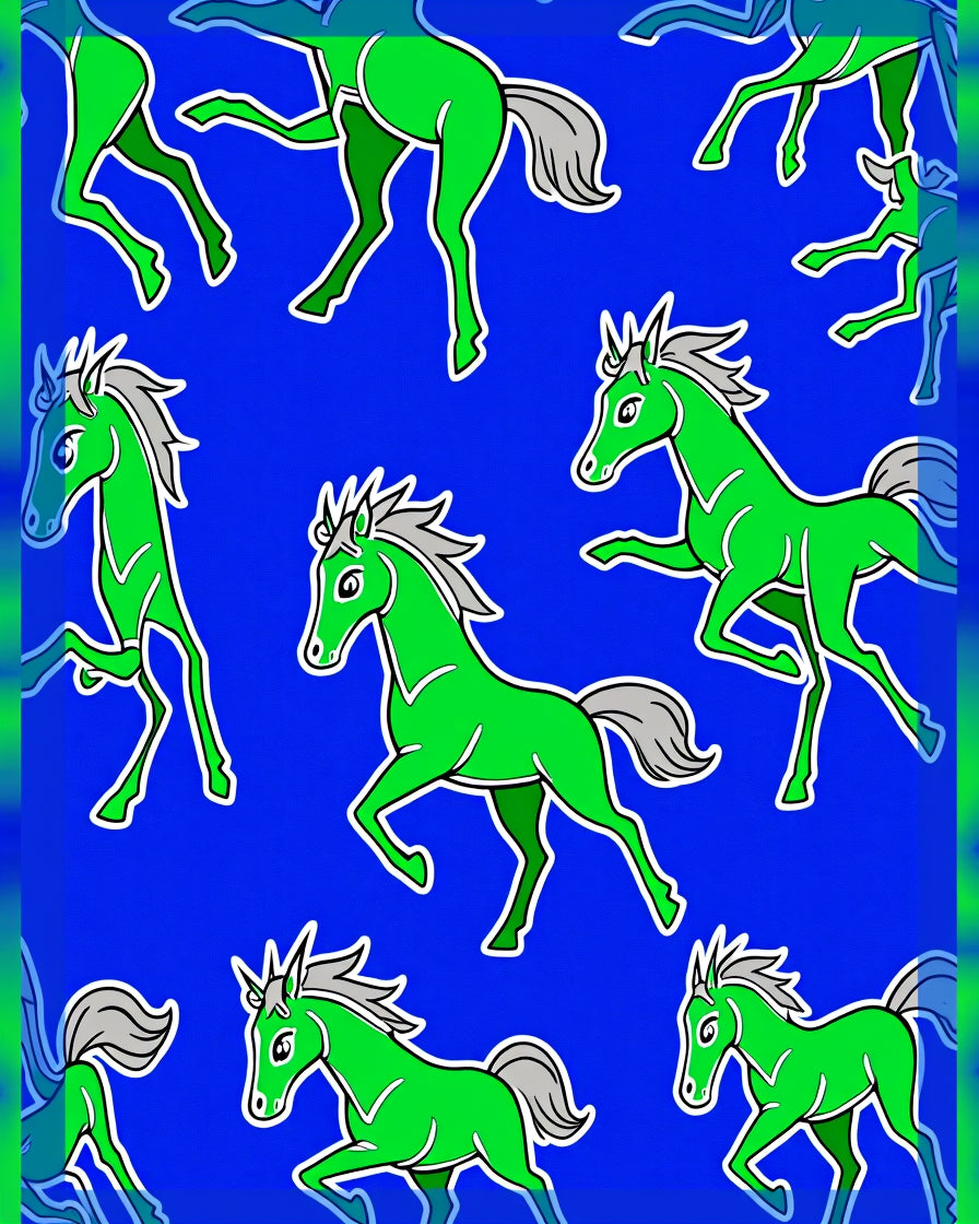 Vibrant Green Horses On Royal Blue Rug