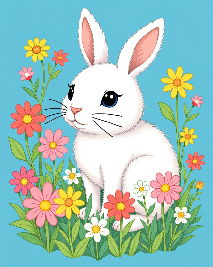 Whimsical White Bunny Floral Meadow Rug