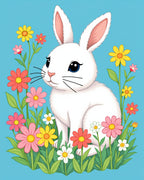 Whimsical White Bunny Floral Meadow Rug