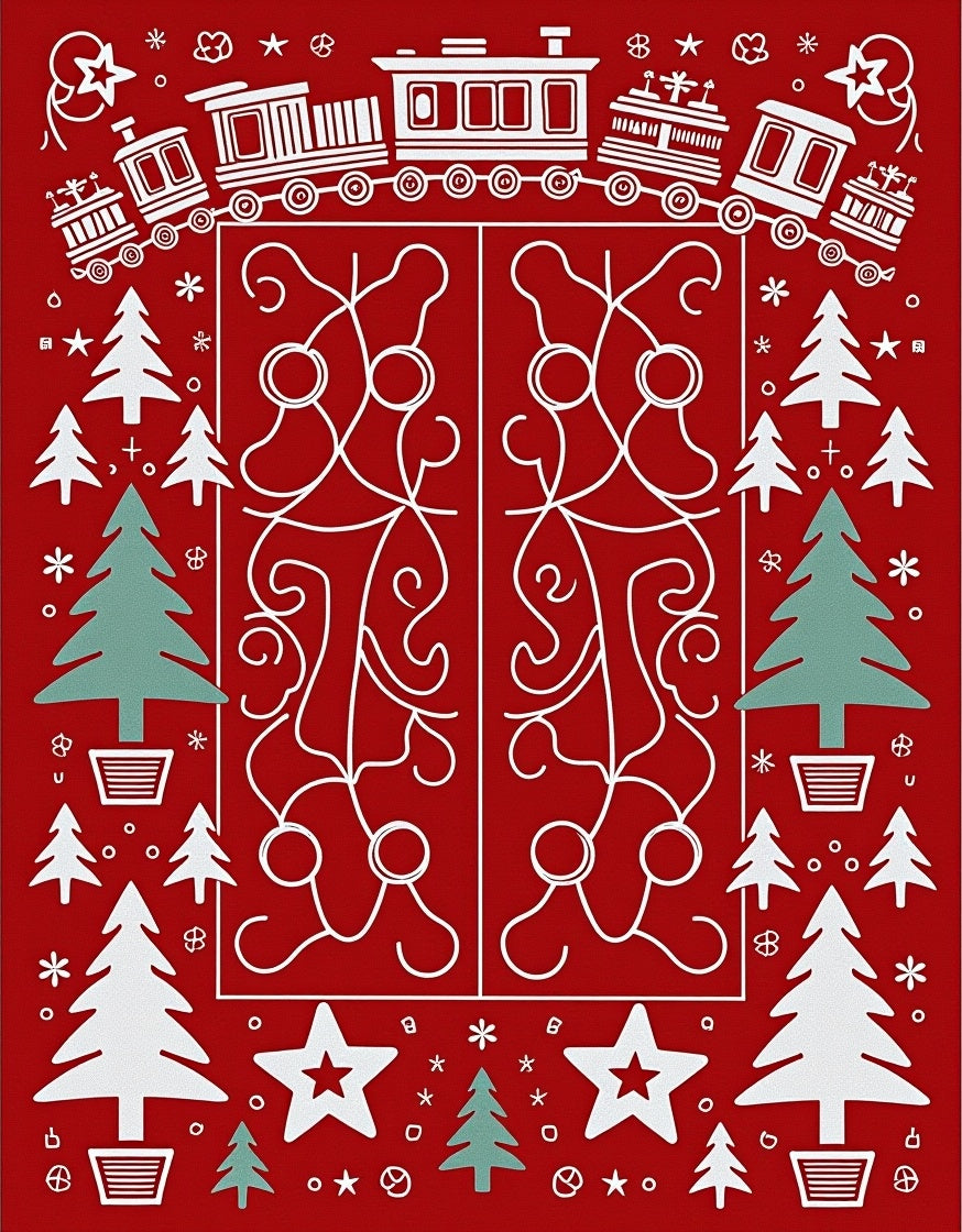 Whimsical Red Train Festive Christmas Tree Rug