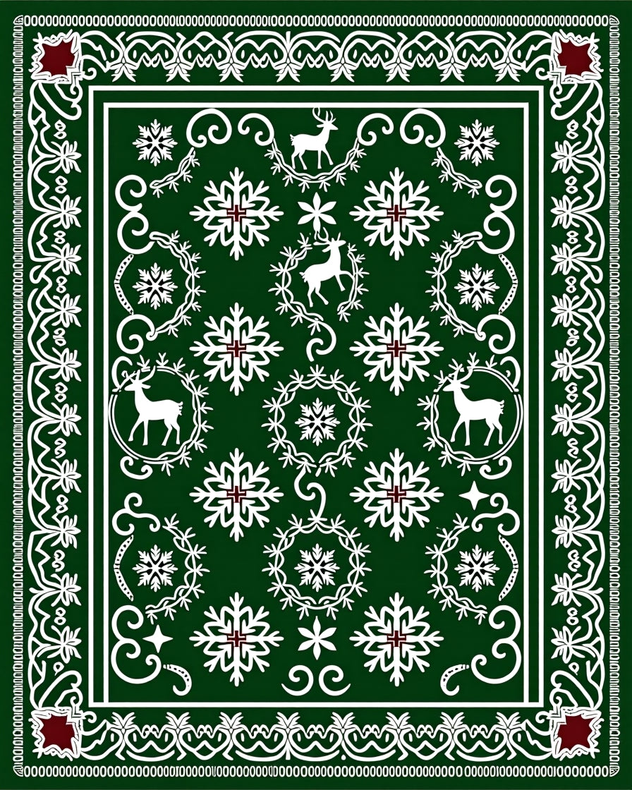 Green White Reindeer Snowflake Festive Rug