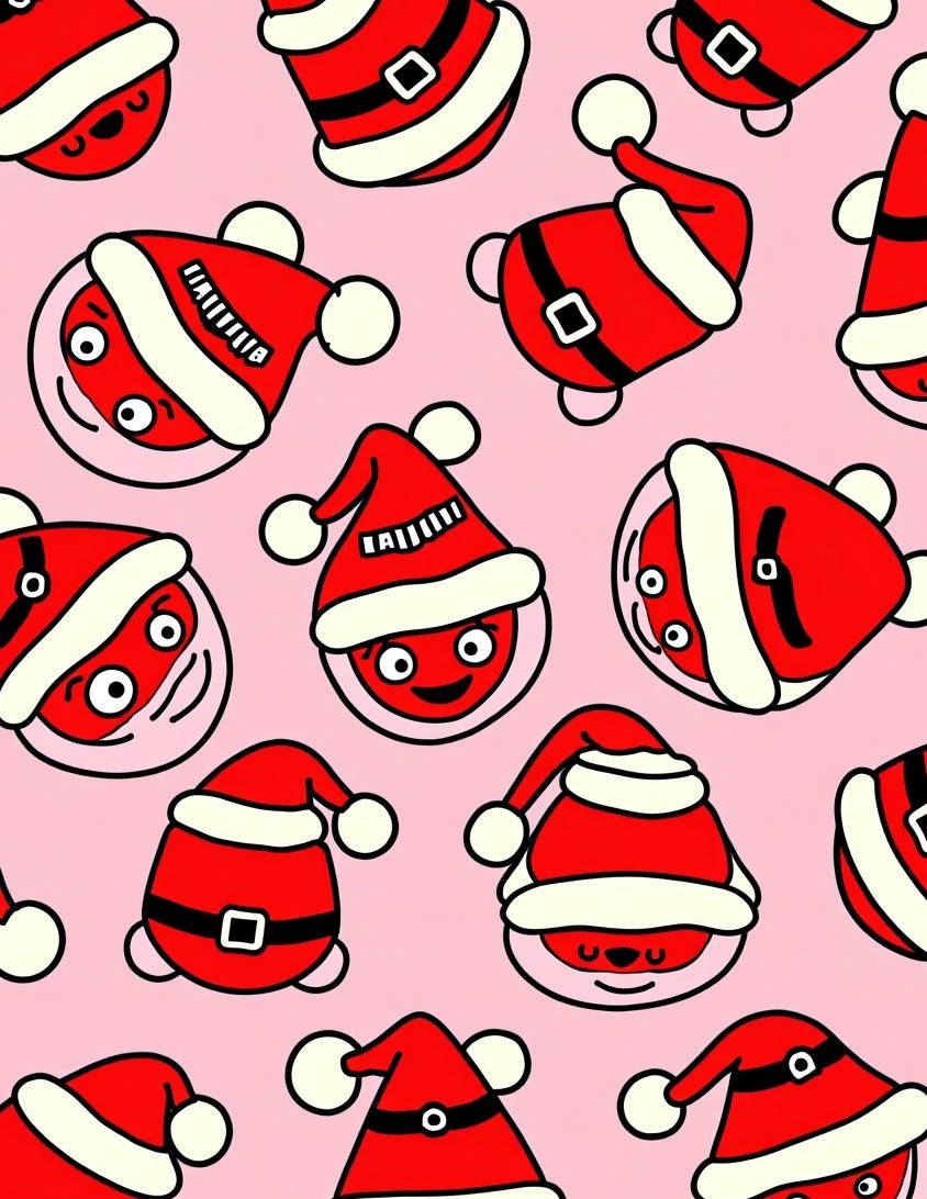 Festive Red Santa Heads Pink Background Rug