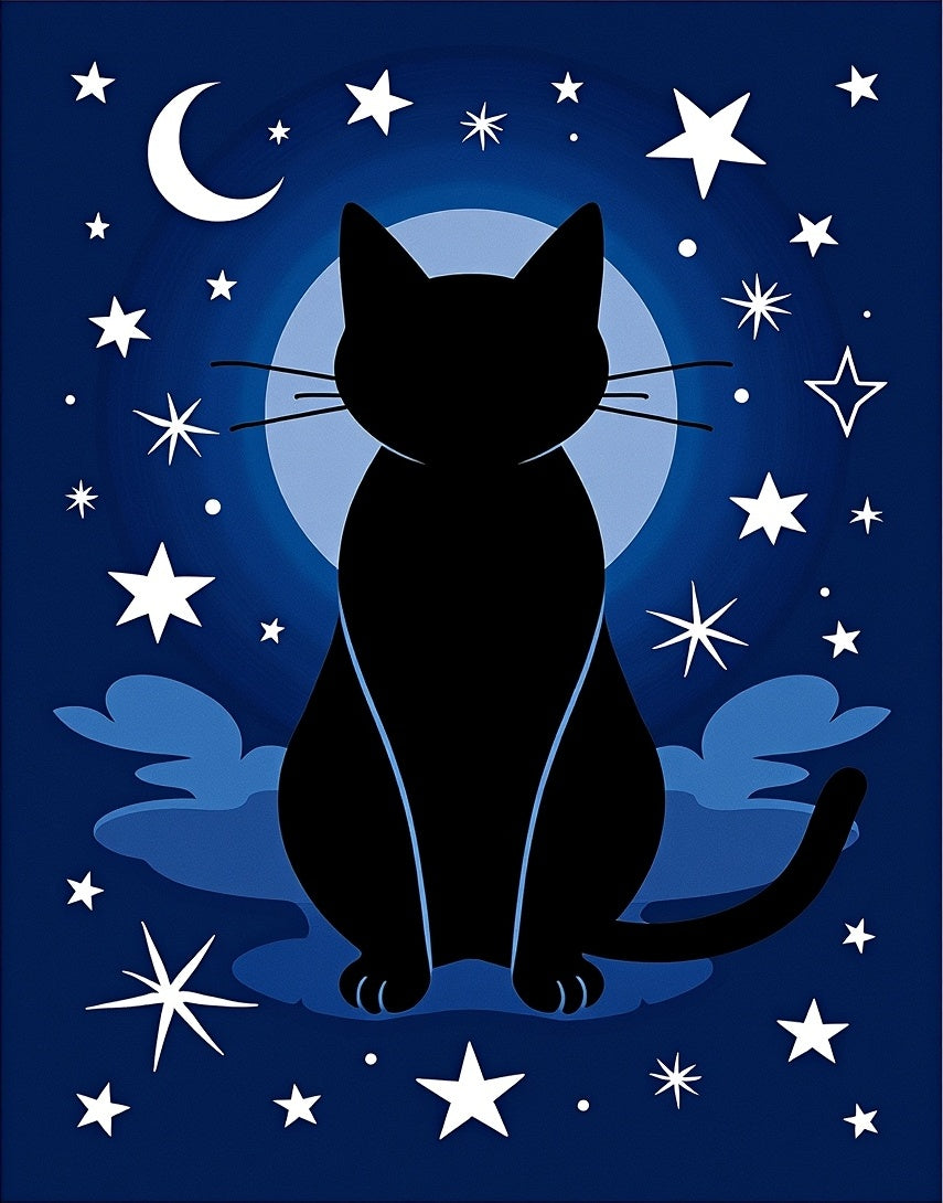 Midnight Black Cat Celestial Stars Rug