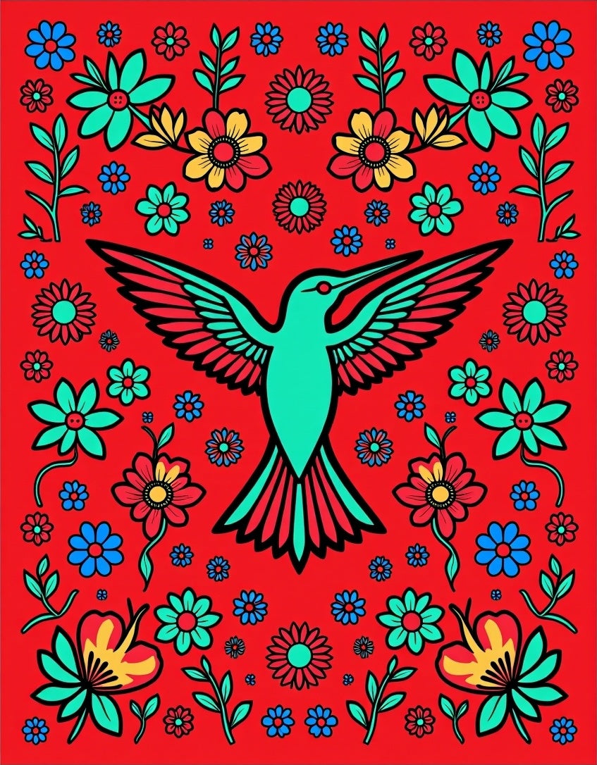 Vibrant Red Hummingbird Floral Garden Rug