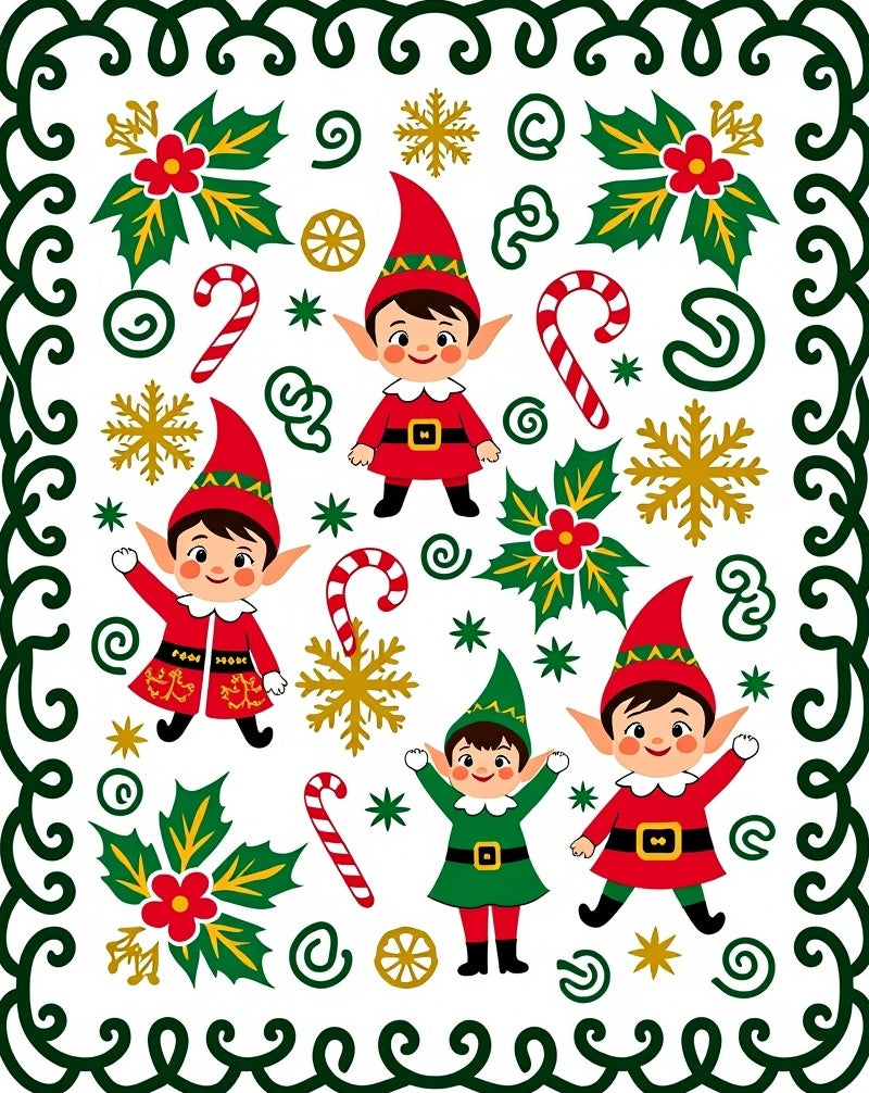 Festive Elves Candy Cane Holly Snowflakes Border Rug